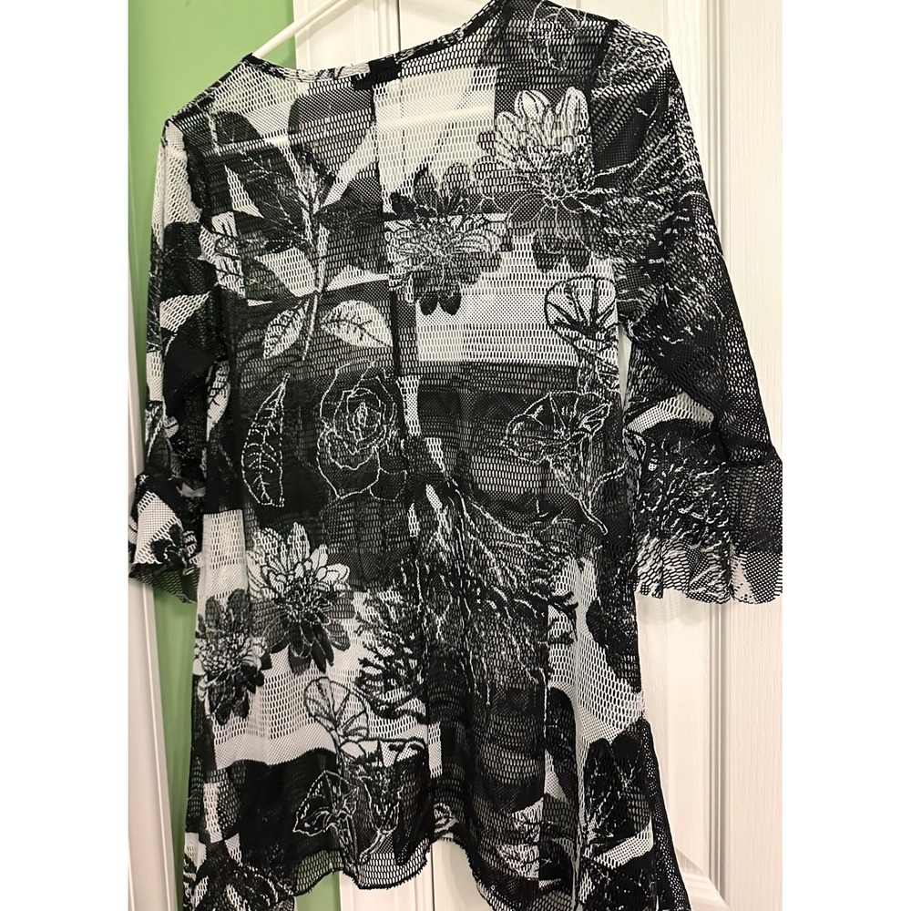 Dor Dor Couture‎ Mesh Tunic Top Womens Small Black White Floral Handkerchief Hem - Picture 4 of 8